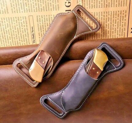 Cowhide Vintage Genuine Leather Sleeve Folding Knife Case Holster Belt Waist